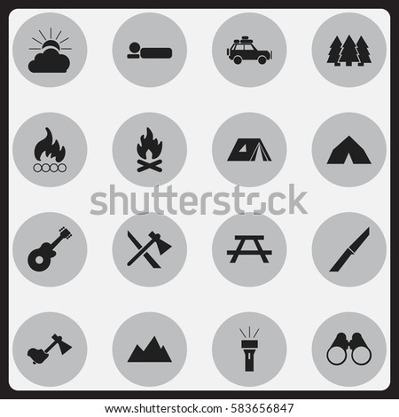 Set Of 16 Editable Camping Icons. Includes Symbols Such As Knife, Desk, Pine And More. Can Be Used For Web, Mobile, UI And Infographic Design.