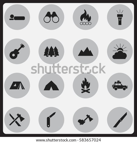 Set Of 16 Editable Camping Icons. Includes Symbols Such As Clasp-Knife, Tomahawk, Fever And More. Can Be Used For Web, Mobile, UI And Infographic Design.