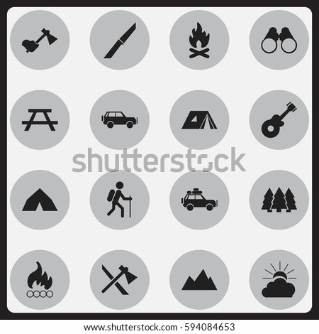 Set Of 16 Editable Camping Icons. Includes Symbols Such As Voyage Car, Gait, Fever And More. Can Be Used For Web, Mobile, UI And Infographic Design.