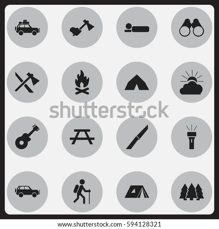 Set Of 16 Editable Camping Icons. Includes Symbols Such As Field Glasses, Pine, Tepee And More. Can Be Used For Web, Mobile, UI And Infographic Design.