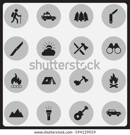 Set Of 16 Editable Trip Icons. Includes Symbols Such As Ax, Gait, Voyage Car And More. Can Be Used For Web, Mobile, UI And Infographic Design.