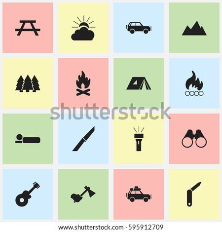Set Of 16 Editable Camping Icons. Includes Symbols Such As Fever, Musical Instrument, Ax And More. Can Be Used For Web, Mobile, UI And Infographic Design.