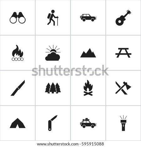 Set Of 16 Editable Travel Icons. Includes Symbols Such As Gait, Knife, Tomahawk And More. Can Be Used For Web, Mobile, UI And Infographic Design.