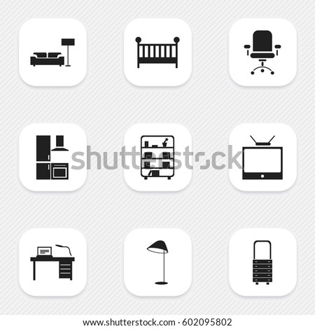Set Of 9 Editable Home Icons. Includes Symbols Such As Interior, Cuisine, Child Cot And More. Can Be Used For Web, Mobile, UI And Infographic Design.