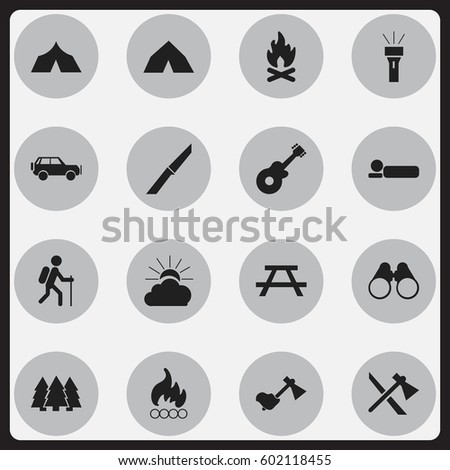 Set Of 16 Editable Travel Icons. Includes Symbols Such As Lantern, Desk, Pine And More. Can Be Used For Web, Mobile, UI And Infographic Design.