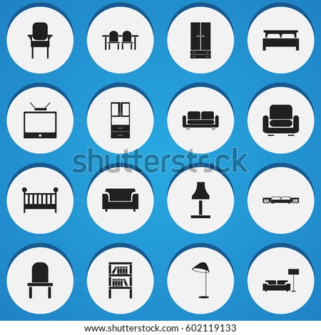 Set Of 16 Editable Furniture Icons. Includes Symbols Such As Glim, Wardrobe, Child Cot And More. Can Be Used For Web, Mobile, UI And Infographic Design.