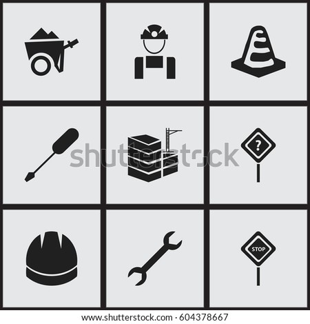 Set Of 9 Editable Building Icons. Includes Symbols Such As Hardhat, Turn-Screw, Building And More. Can Be Used For Web, Mobile, UI And Infographic Design.