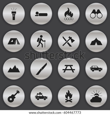 Set Of 16 Editable Travel Icons. Includes Symbols Such As Knife, Blaze, Shelter And More. Can Be Used For Web, Mobile, UI And Infographic Design.