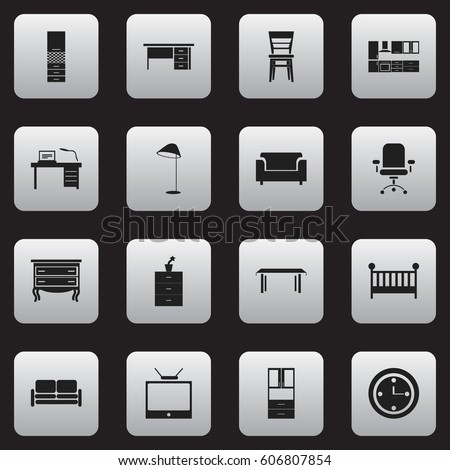 Set Of 16 Editable Home Icons. Includes Symbols Such As Couch, Television, Material Cupboard And More. Can Be Used For Web, Mobile, UI And Infographic Design.