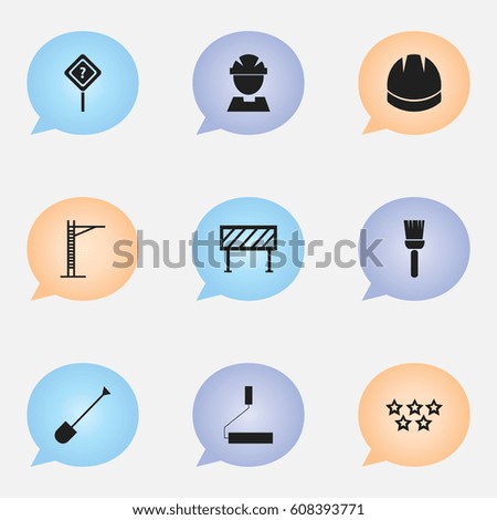 Set Of 9 Editable Structure Icons. Includes Symbols Such As Spade, Question Help, Hoisting Machine And More. Can Be Used For Web, Mobile, UI And Infographic Design.