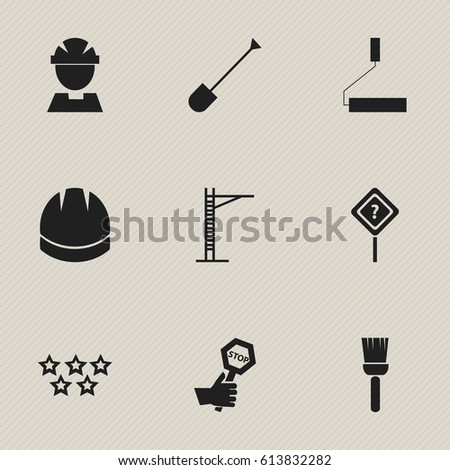 Set Of 9 Editable Construction Icons. Includes Symbols Such As Mop, Spade, Hoisting Machine And More. Can Be Used For Web, Mobile, UI And Infographic Design.