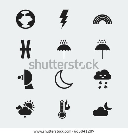 Set Of 12 Editable Weather Icons. Includes Symbols Such As Half Moon, Temperature, Fishes And More. Can Be Used For Web, Mobile, UI And Infographic Design.
