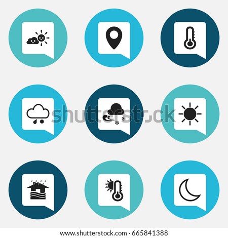 Set Of 9 Editable Weather Icons. Includes Symbols Such As Frigid, Solar, Half Moon And More. Can Be Used For Web, Mobile, UI And Infographic Design.