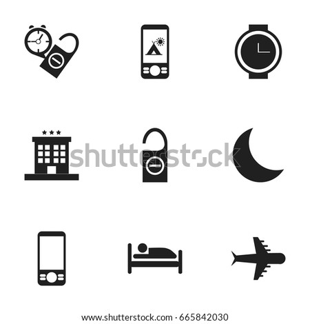 Set Of 9 Editable Travel Icons. Includes Symbols Such As Do Not Disturb, Luxury Inn, Wristwatch And More. Can Be Used For Web, Mobile, UI And Infographic Design.