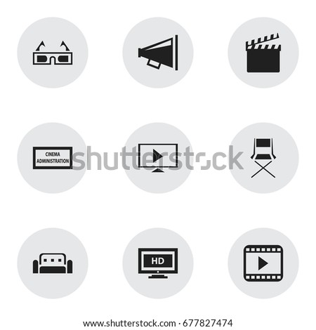 Set Of 9 Editable Filming Icons. Includes Symbols Such As Loudspeaker, Couch, Chair And More. Can Be Used For Web, Mobile, UI And Infographic Design.