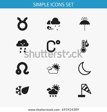 Set Of 12 Editable Weather Icons. Includes Symbols Such As Tempest, Snowy Weather, Frosty And More. Can Be Used For Web, Mobile, UI And Infographic Design.