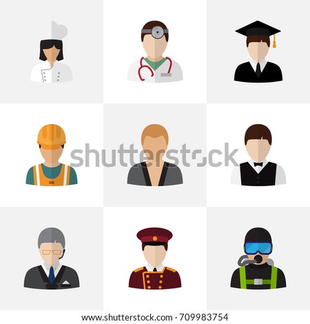 Set Of 9 Editable Occupation Flat Icons. Includes Symbols Such As Graduate, Waiter, Swimmer And More. Can Be Used For Web, Mobile, UI And Infographic Design.