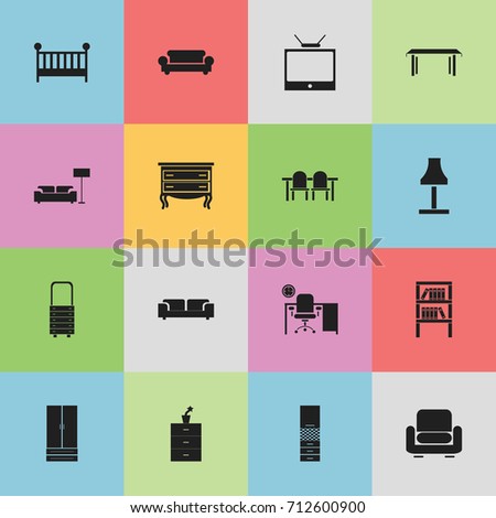 Set Of 16 Editable Furniture Icons. Includes Symbols Such As Bookrack, Child Cot, Trestle And More. Can Be Used For Web, Mobile, UI And Infographic Design.