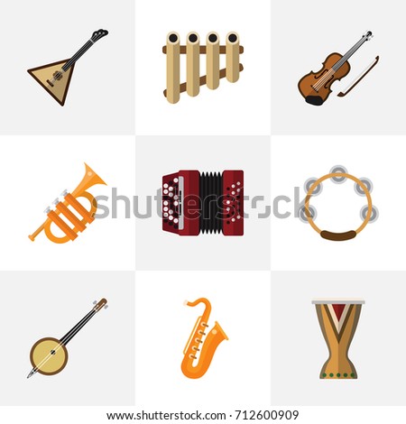 Set Of 9 Editable Mp3 Flat Icons. Includes Symbols Such As Strings, Sax, Timbrel And More. Can Be Used For Web, Mobile, UI And Infographic Design.
