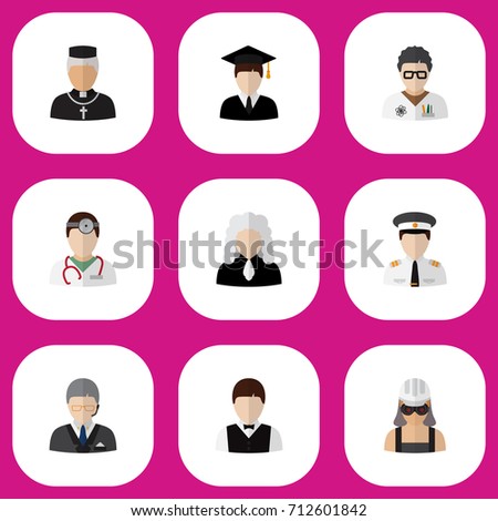 Set Of 9 Editable Job Flat Icons. Includes Symbols Such As Graduate, Lawyer, Padre And More. Can Be Used For Web, Mobile, UI And Infographic Design.