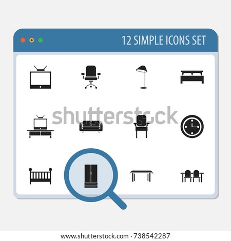 Set Of 12 Editable Interior Icons. Includes Symbols Such As Tv, Stool, Child Cot And More. Can Be Used For Web, Mobile, UI And Infographic Design.