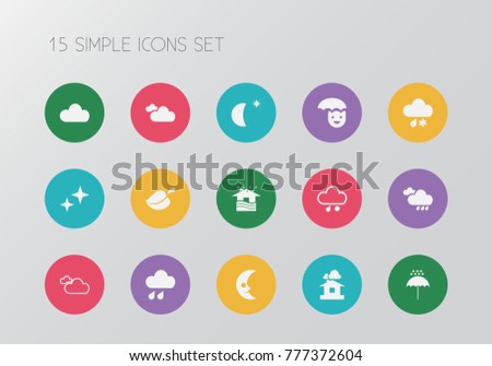 Set of 15 editable climate icons. Includes symbols such as overcast, hail, flood drop and more. Can be used for web, mobile, UI and infographic design.