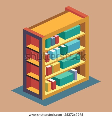 A colorful isometric illustration of a bookshelf filled with books. Perfect for adding a touch of organization and knowledge to your designs. This vector graphic is ideal for educational projects.