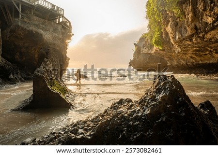 Similar – Image, Stock Photo Serene woman on surfboard in sea