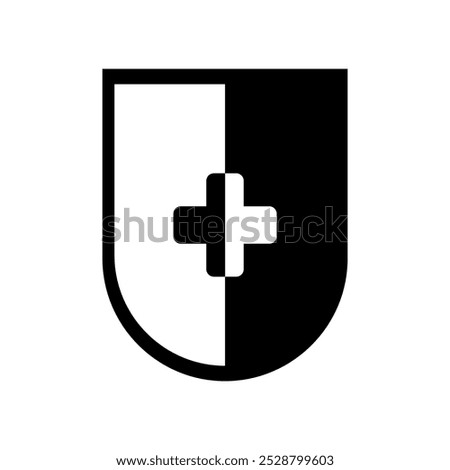 black and white shield icon with plus sign in the middle. shield illustration. black shield. shield vector. white background isolation