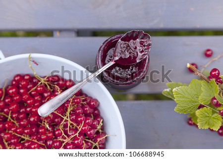 bucket and  jar with red currant berries  and red currant jam ( jelly) on a garden table.