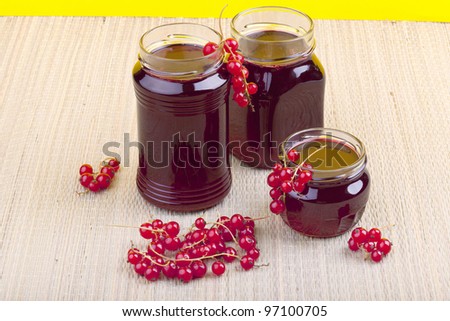 studio-shot of homemade redcurrant jelly in a glass jar.