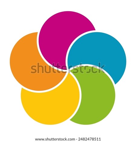 Colorful infographic pie chart with overlapping circular shapes.Flower form graphic circle divided in 5 segments.Vector,illustration.