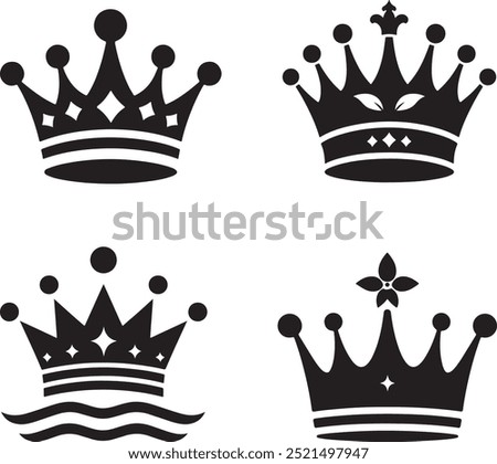 Crown vector collection, royal luxury symbols, black crown silhouettes, diverse crowns designs, crown set vector.