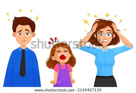 Tired mother and father with crazy hair with her daughter. a very angry girl screaming. parenting stress concept, relationship between children and parents vector Illustration on a white background.  