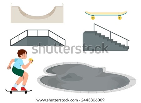 Similar – Image, Stock Photo Skateboard arena in the evening sun, cordoned off with red and white flutterband | Corona Thoughts