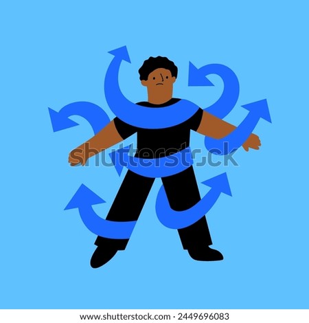 ADHD vector concept with male head in plenty of arrows in doubt. People suffering from ADHD isolated on white. Characters overcoming problems with various tasks, problems and arrows.