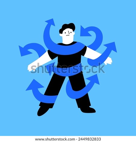 ADHD vector concept with male head in plenty of arrows in doubt. People suffering from ADHD isolated on white. Characters overcoming problems with various tasks, problems and arrows.
