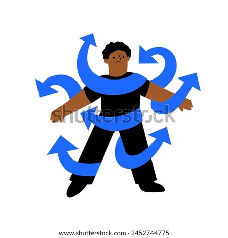 ADHD vector concept with male head in plenty of arrows in doubt. People suffering from ADHD isolated on white. Characters overcoming problems with various tasks, problems and arrows.
