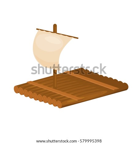 Wooden raft with sail. Vector Isolated Illustration