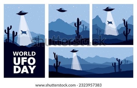 UFO Cow Abduction. Funny vector illustrations for world UFO day, night landscape with flying saucer over mexico