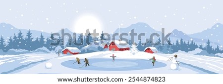 Fun winter activities, children ice skating and playing hockey, Christmas time. Abstract winter rural landscape with old village. Freehand drawing, vector illustration.	