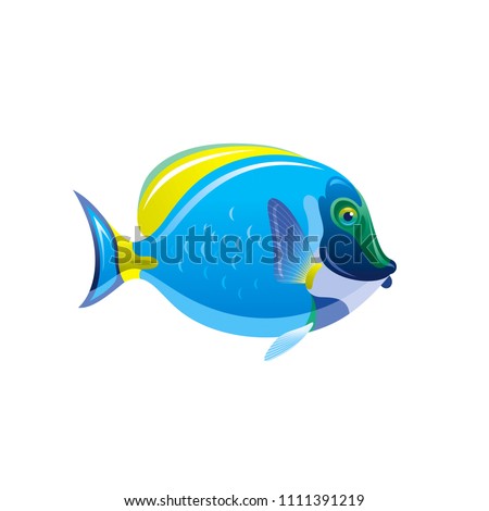 Vector illustration eps10, isolated on white background. Realistic sea animal symbol, 3d Acanthurus surgeon fish. Tropical underwater aquatic creatures, cartoon cute icon. Summer travel flat sign.