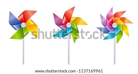 Vector illustration eps10 isolated on white background. Realistic vacation travel symbol, fun play toy concept, 3d rainbow color wind mill toy. Cartoon baby toy game, cute sea beach icon set flat sign