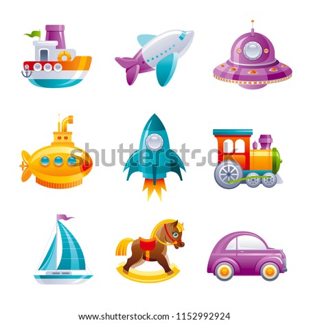 Cartoon сute vector toy transport set for boys, isolated on white background. 3d realistic baby toys set. Cartoon rocket train  car yacht UFO yellow submarine horse plane. Retro emblem, flat sign