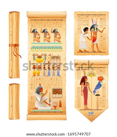 Egyptian papyrus with afterlife ritual in Duat, Osiris judgment set. Goddess Maat, god Ra, Anubis, dead man soul. 3d Vector illustration of ancient Egypt papyrus with hieroglyphic text & art element