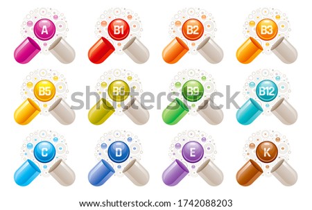Vitamin icons. Capsule pill supplement with a, b, b1, b2, b3, b5, b6, b9, b12, c, d, e, k vector vitamins. 3d medical symbol, multi complex for health. Color ball tablet illustration. Food supply set Stock fotó © 