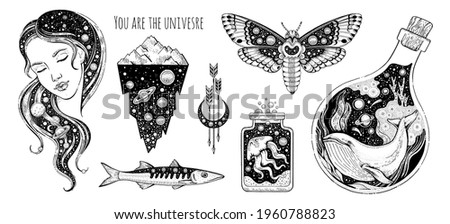 Tattoo art. Vector surreal astrology. Universe space tattoo print. Magic astronomy graphic with moon, star, moth, girl, whale, jellyfish. Sketch  boho mystic illustration. Vintage esoteric surreal art