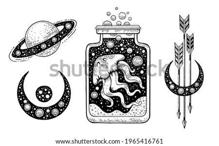 Tattoo vector set. Vintage sketch tattoo with universe design elements - moon, jellyfish in jar, boho arrow feather, saturn. Alchemy and tribal hand drawn illustration. Black white art with star space