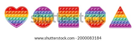 Fidget toy set. Popit sensory vector toy. Rainbow square popular pop it. 3d realistic antistress fidgeting toy. Bubble popit fidget vector. Heart, circle, square, hexagon honeycomb, triangle icon set