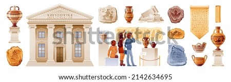 Museum vector. Historical museum. Cartoon art gallery exhibition with statue, dinosaur fossil, ancient greek vase, papyrus, column. Flat illustration. Archeologic interior set, people, building design